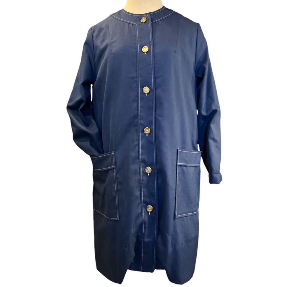 Vintage 60s 70s Collarless Car Coat Contrasting Stitch Sz M Blue White Cosplay